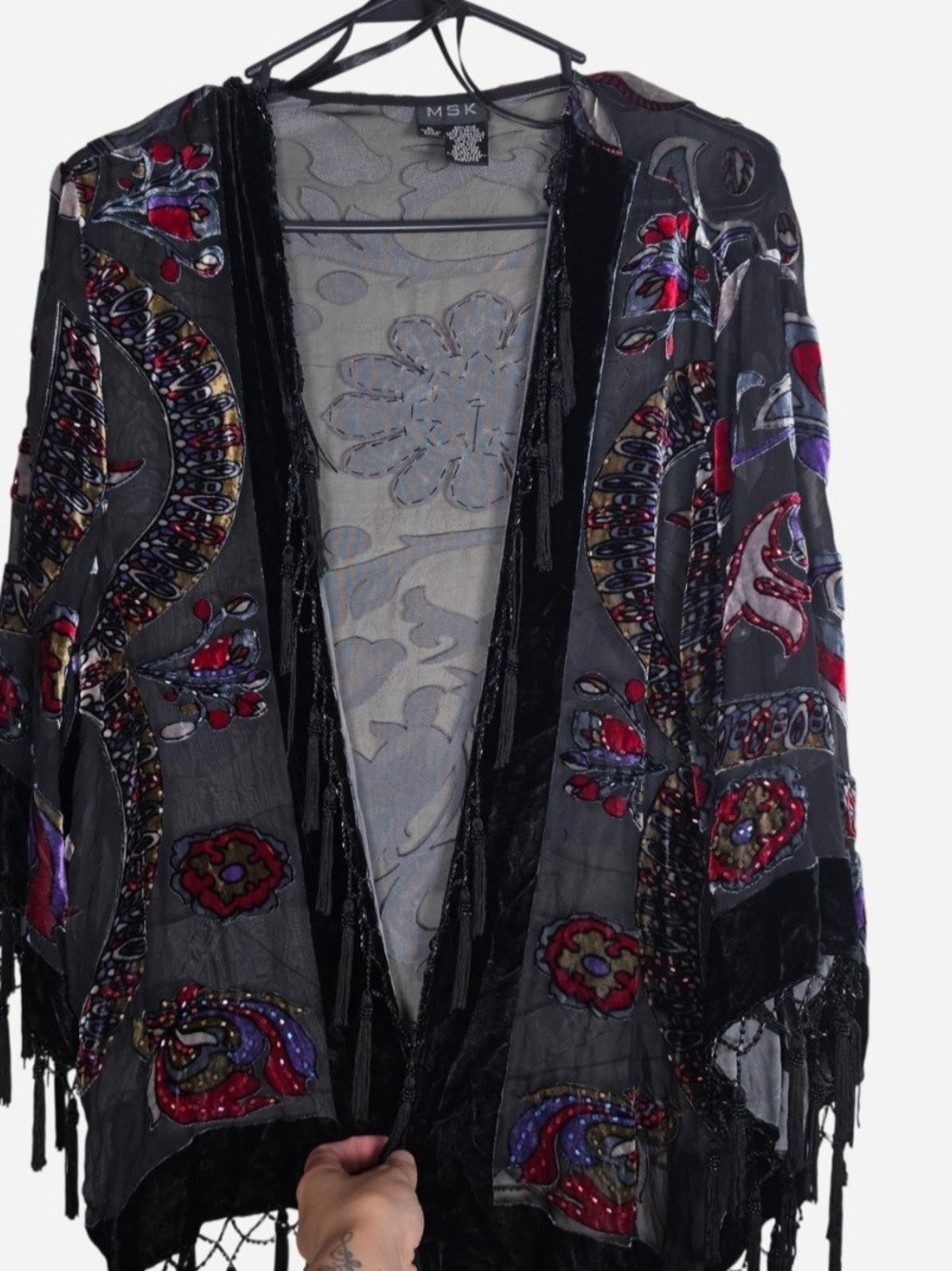 Y2k Velvet Burnout Black Floral Fringe Cardigan Kimono Whimsigoth Boho Size XL